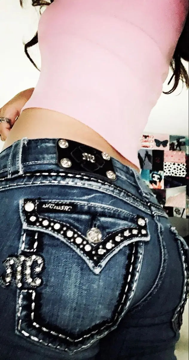 Womens Flared Jeans Diamond Embroidery Vintage Y2K Low Rise Baggy Denim Pants Streetwear Trousers