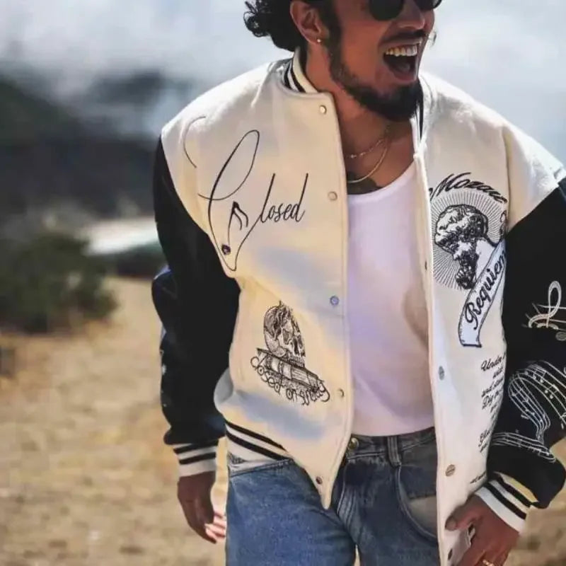 Varsity Jacket for Men PU Leather Sleeves Embroidered Baseball Jacket Streetwear College Style Outerwear