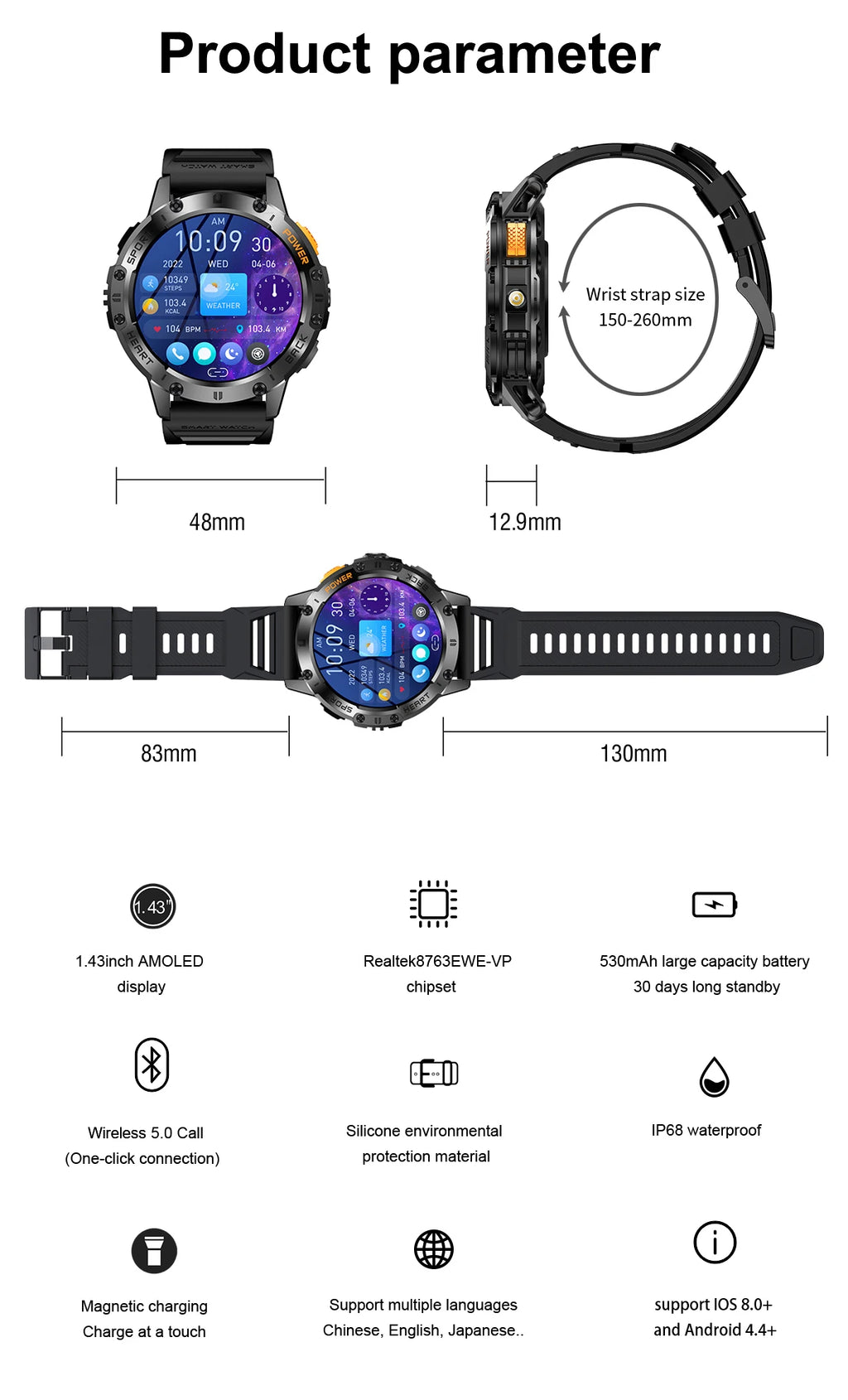 Smart Watch for Men Bluetooth Calling Fitness Tracker Waterproof Sport Smartwatch with Flashlight for Android and iOS