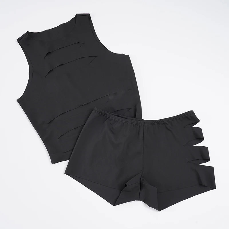 Womens Sexy Two Piece Shorts Set Hollow Out Crop Top and Low Waist Shorts Slim Fit Clubwear Outfit