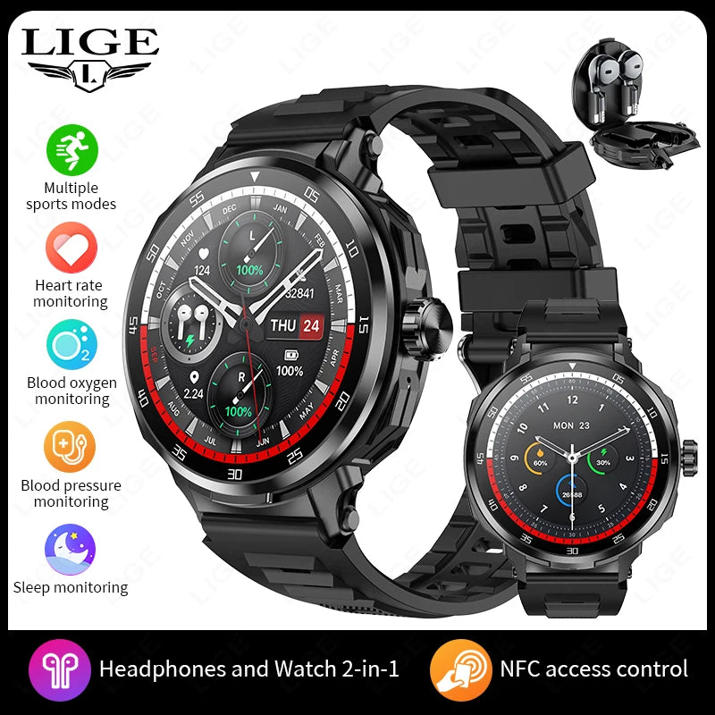 2 in 1 Smart Watch with Wireless Earbuds Bluetooth Calling NFC Health Monitor Fitness Tracker Smartwatch for Android and iOS