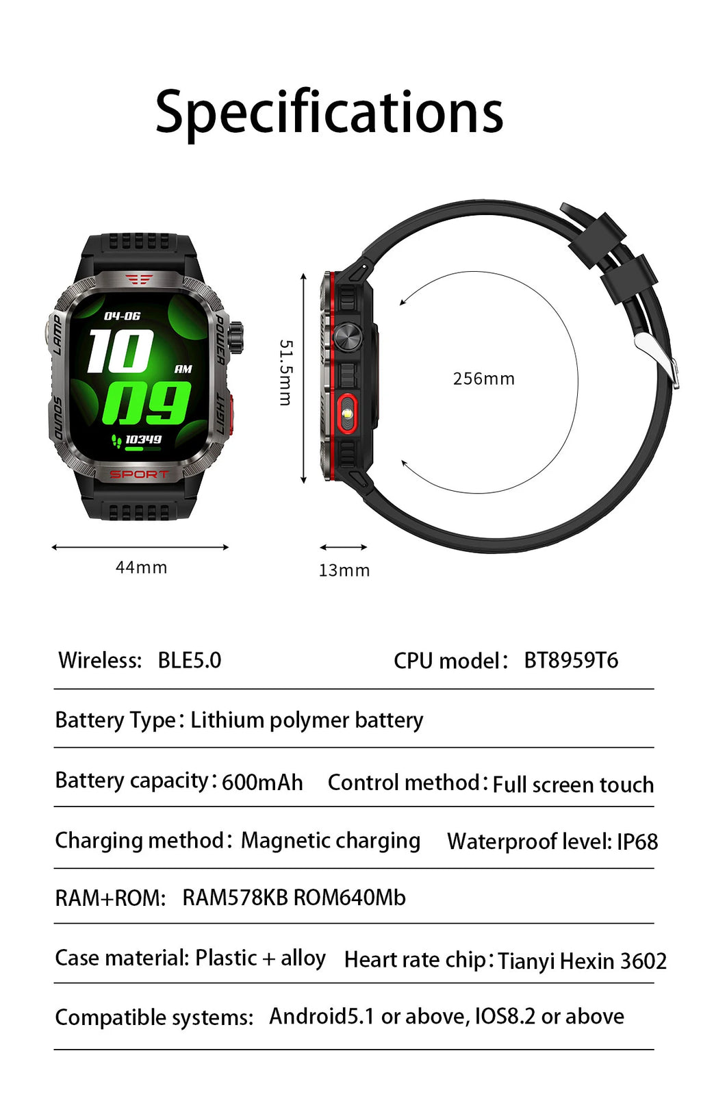 Military Outdoor Smart Watch for Men 600 mAh Battery Bluetooth Calling Fitness Tracker Blood Oxygen Monitor Waterproof Smartwatch for Android and iOS