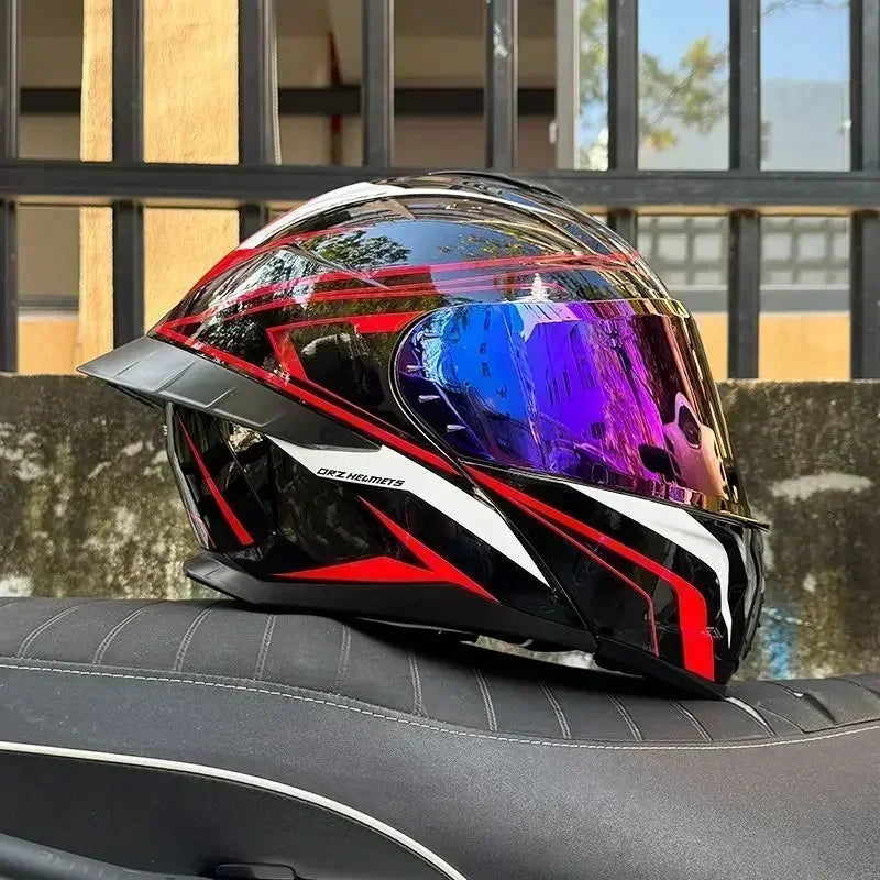 Bad Boy Flip Up Motorcycle Helmet Face Dual Visor Double Mirror Racing Helmet with Night Vision Lens for All Season Riding