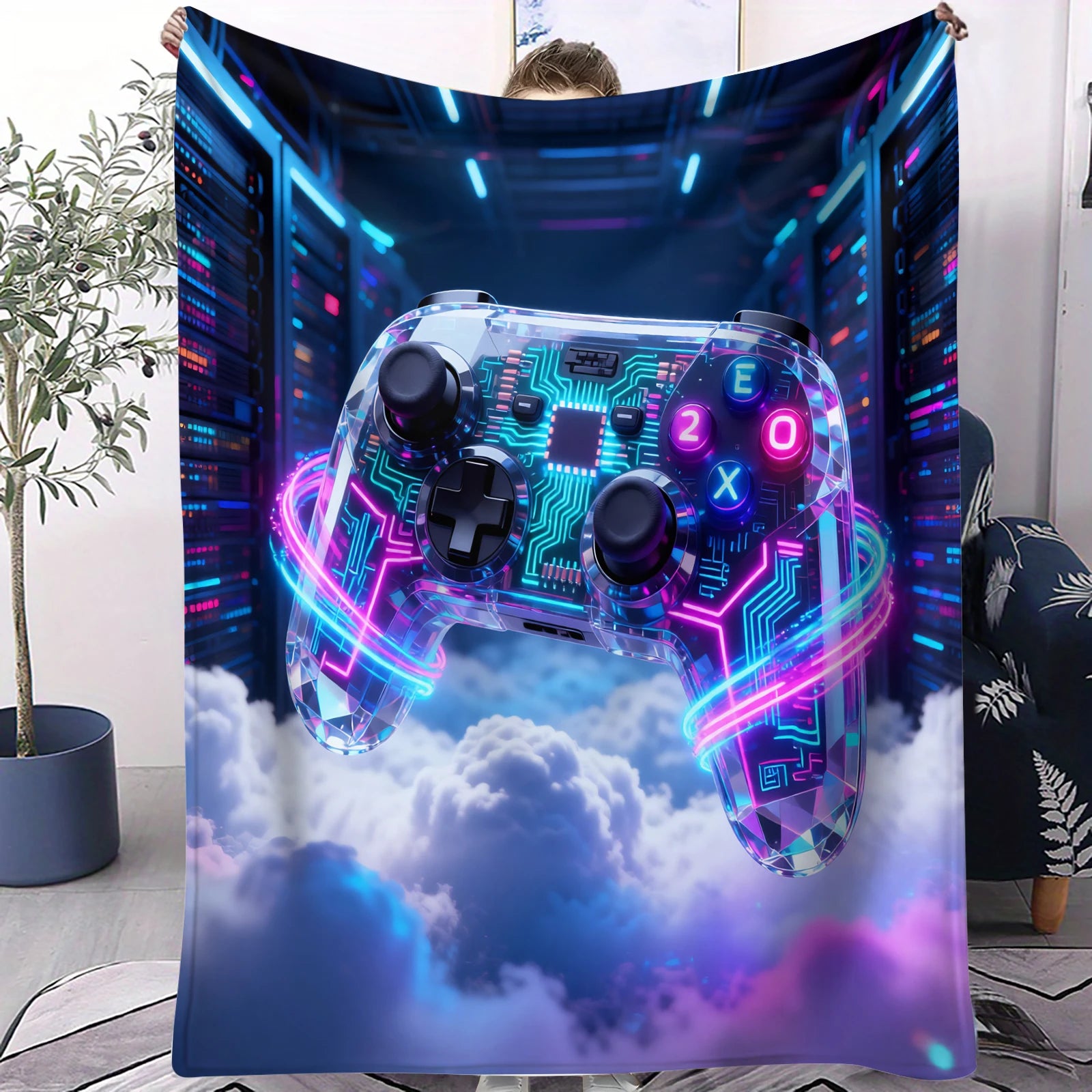 Cyberpunk Themed Gaming Controller Print Flannel Blanket for Adult Quality Soft Warm Universal Blanket for Travel Picnic Home