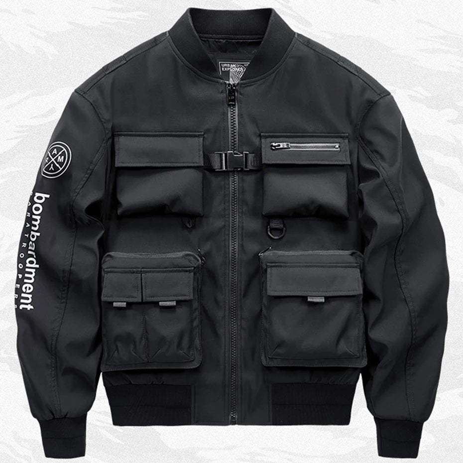 Techwear Cargo Bomber Jacket for Men Streetwear Hip Hop Punk Style Black MA1 Military Jacket