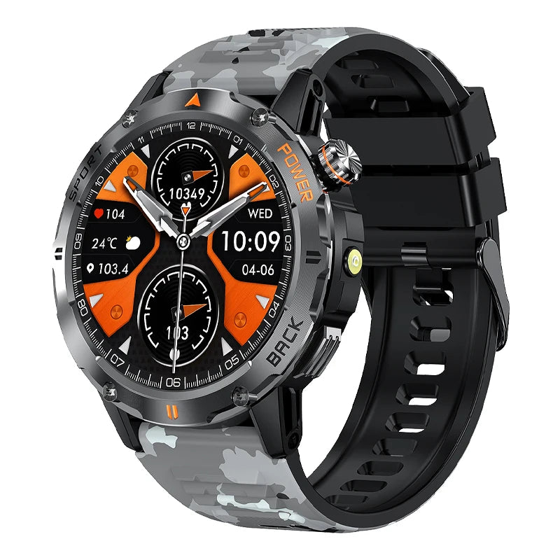 Tactical Outdoor Smart Watch with Flashlight Bluetooth Call Fitness Tracker for Android and iOS