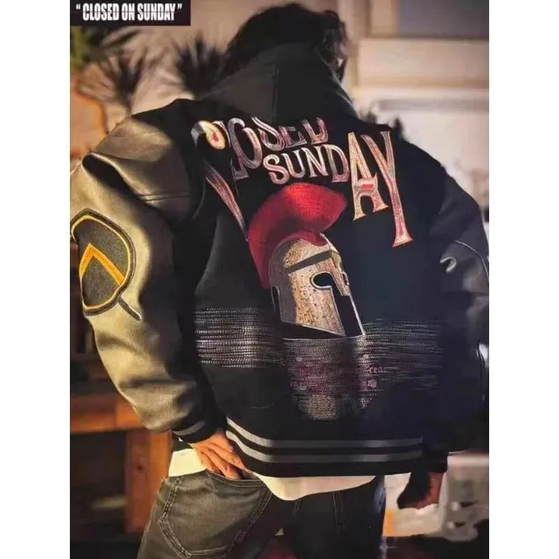 Varsity Jacket for Men PU Leather Sleeves Embroidered Baseball Jacket Streetwear College Style Outerwear