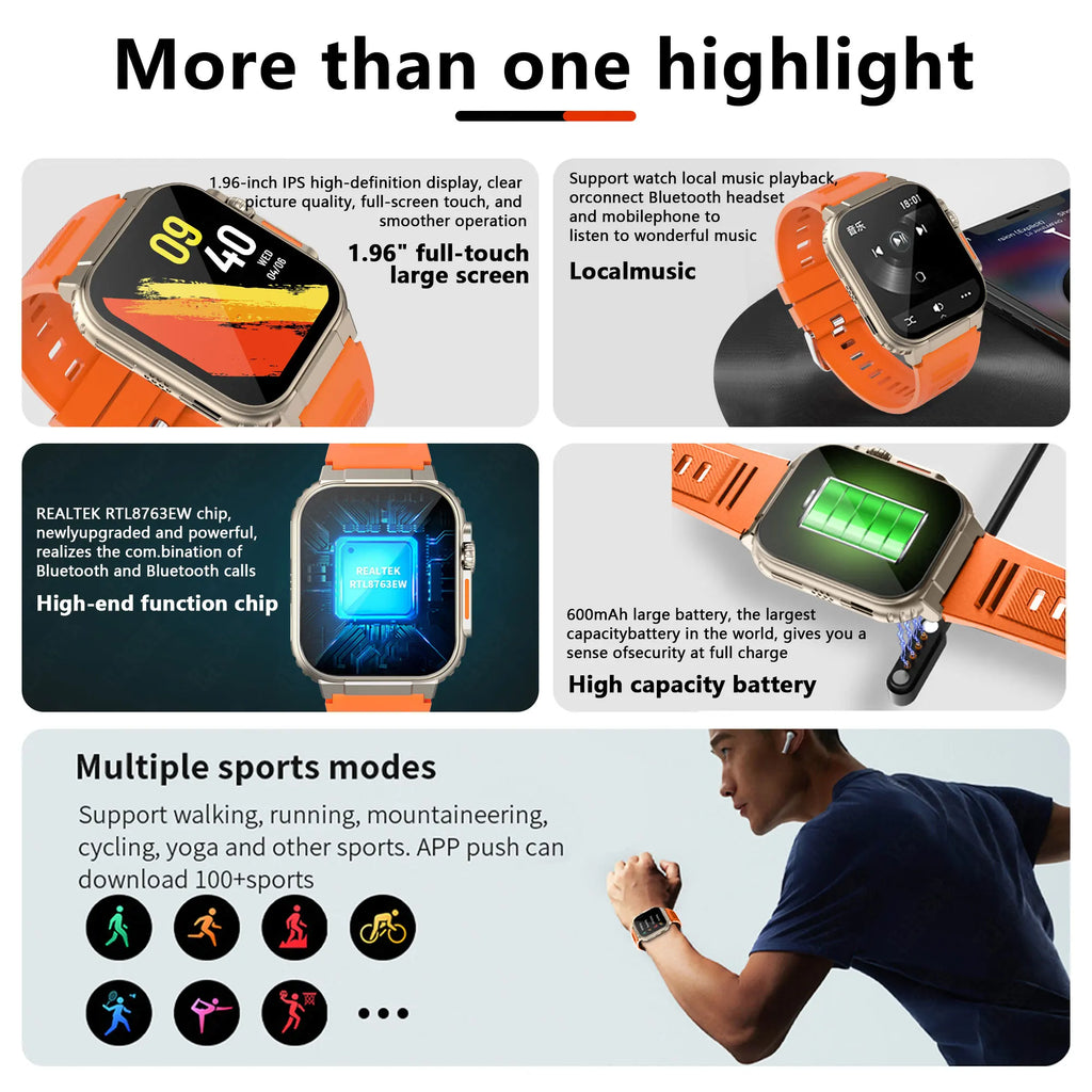 1.96 Inch AMOLED Smart Watch for Men Bluetooth Calling 600 mAh Battery Fitness Tracker Waterproof Outdoor Sport Smartwatch for Android and iOS
