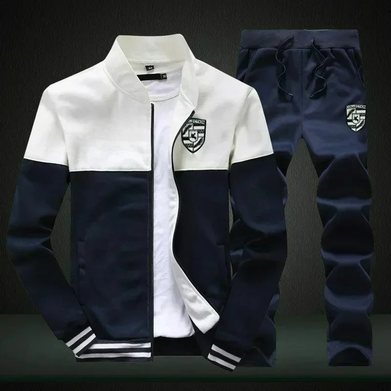 Mens Sports Suit Fleece Warm Jacket and Drawstring Pants Set Printed Fashion Tracksuit for Men