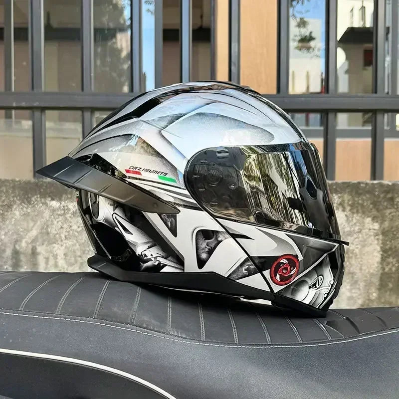 Bad Boy Flip Up Motorcycle Helmet Face Dual Visor Double Mirror Racing Helmet with Night Vision Lens for All Season Riding