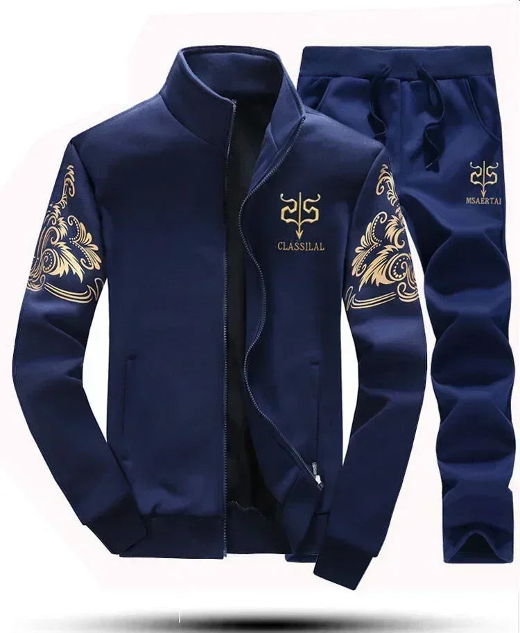 Mens Sports Suit Fleece Warm Jacket and Drawstring Pants Set Printed Fashion Tracksuit for Men