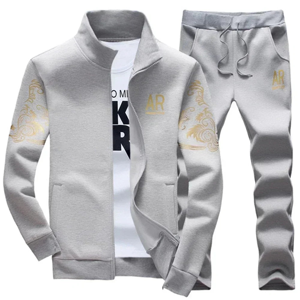 Mens Sports Suit Fleece Warm Jacket and Drawstring Pants Set Printed Fashion Tracksuit for Men