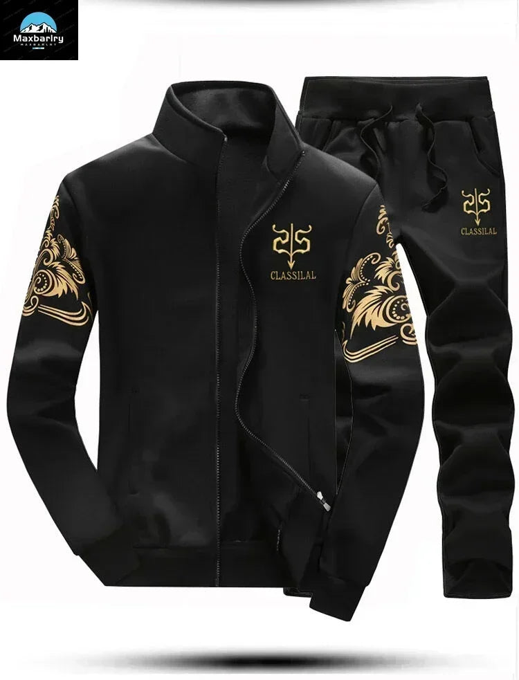 Mens Sports Suit Fleece Warm Jacket and Drawstring Pants Set Printed Fashion Tracksuit for Men