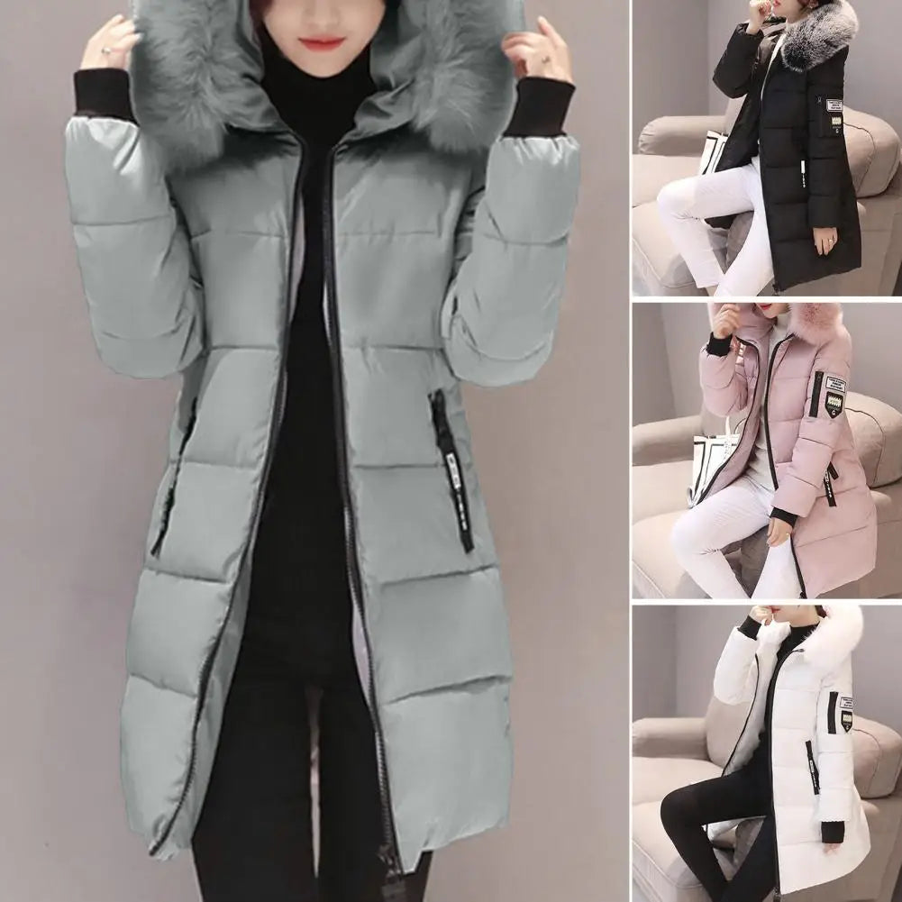 Womens Winter Parka Long Coat Hooded Down Cotton Jacket with Fur Collar Warm Fashion Outerwear