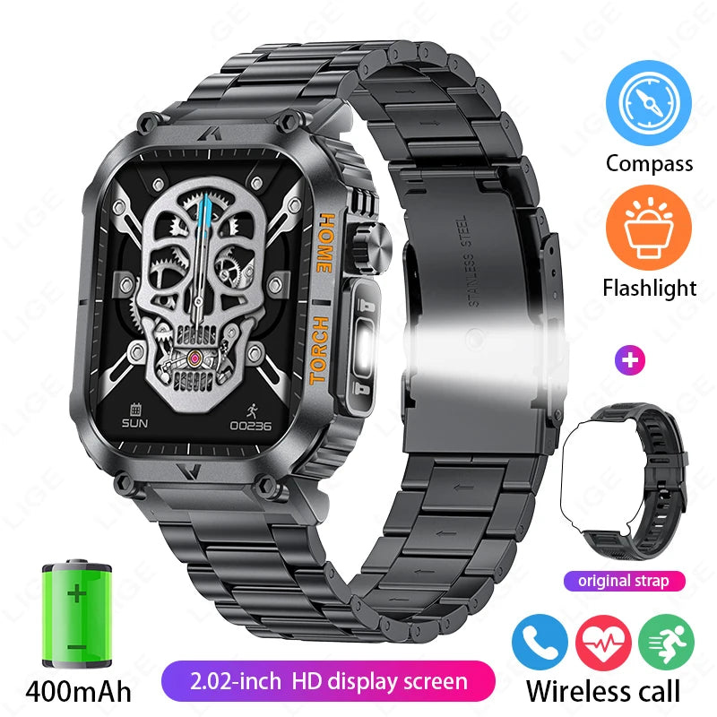 Rugged And Durable Military Smart Watch Ip68 Waterproof 2.02 ''HD Display Bluetooth Voice Smart Watch With Flashlight 2024 New