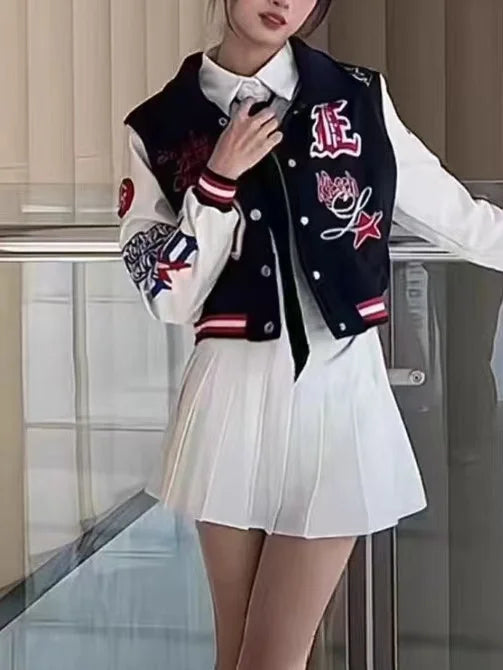 Retro Y2K Women Baseball Jacket Hip Hop Punk Pilot Coat Streetwear Fashion Casual Trendy Jacket