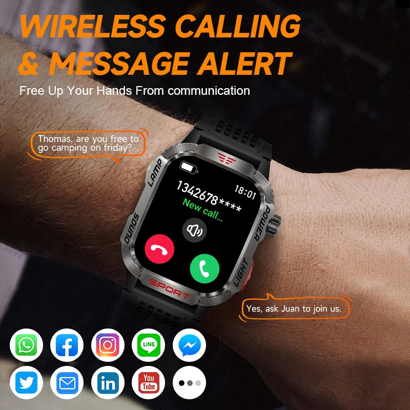 Military Outdoor Smart Watch for Men 600 mAh Battery Bluetooth Calling Fitness Tracker Blood Oxygen Monitor Waterproof Smartwatch for Android and iOS