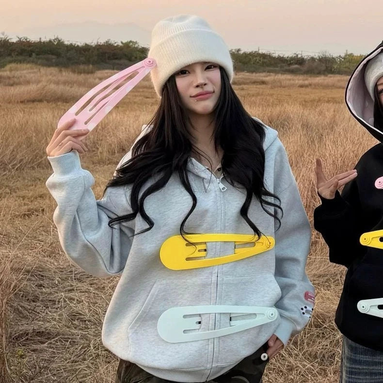 Womens Detachable Hoodie Clip Design Zip Up Sweatshirt Goth Grunge Cardigan Jacket Streetwear Fashion