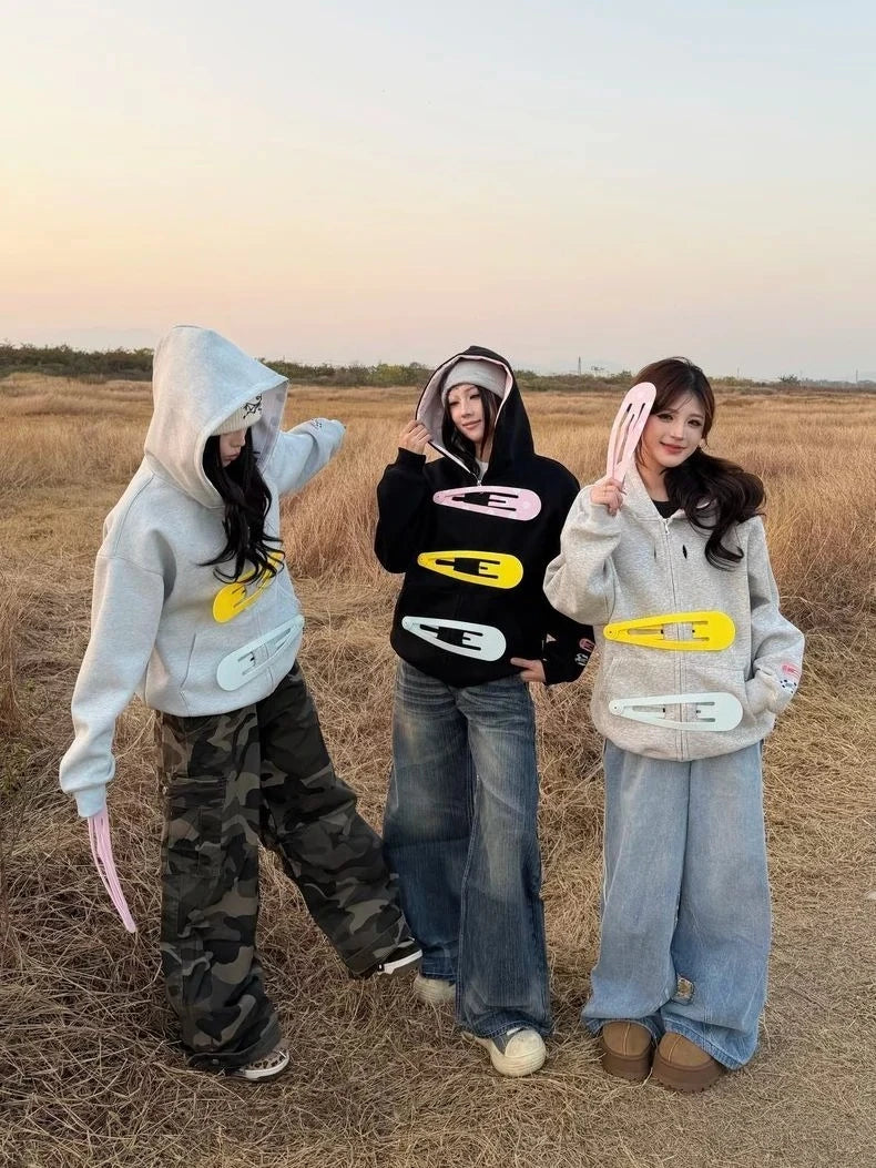 Womens Detachable Hoodie Clip Design Zip Up Sweatshirt Goth Grunge Cardigan Jacket Streetwear Fashion
