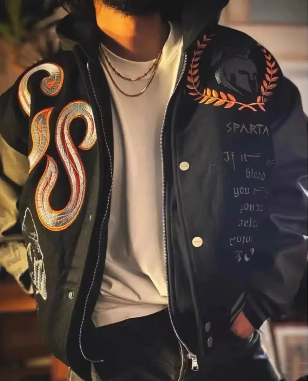 Varsity Jacket for Men PU Leather Sleeves Embroidered Baseball Jacket Streetwear College Style Outerwear