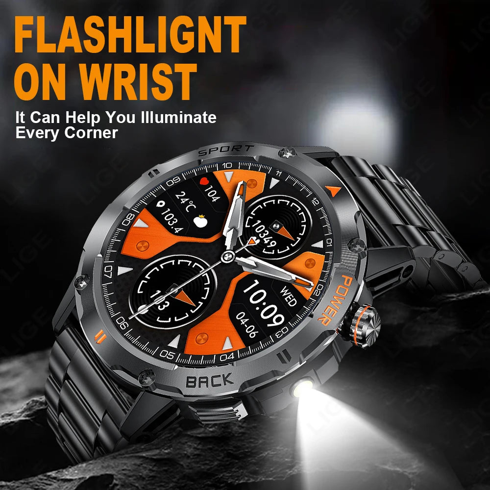 Tactical Outdoor Smart Watch with Flashlight Bluetooth Call Fitness Tracker for Android and iOS