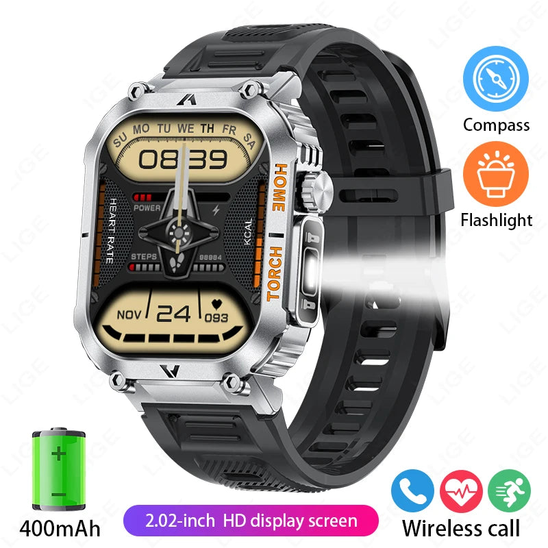 Rugged And Durable Military Smart Watch Ip68 Waterproof 2.02 ''HD Display Bluetooth Voice Smart Watch With Flashlight 2024 New