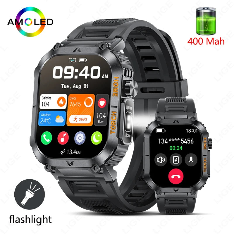 Rugged And Durable Military Smart Watch Ip68 Waterproof 2.02 ''HD Display Bluetooth Voice Smart Watch With Flashlight 2024 New
