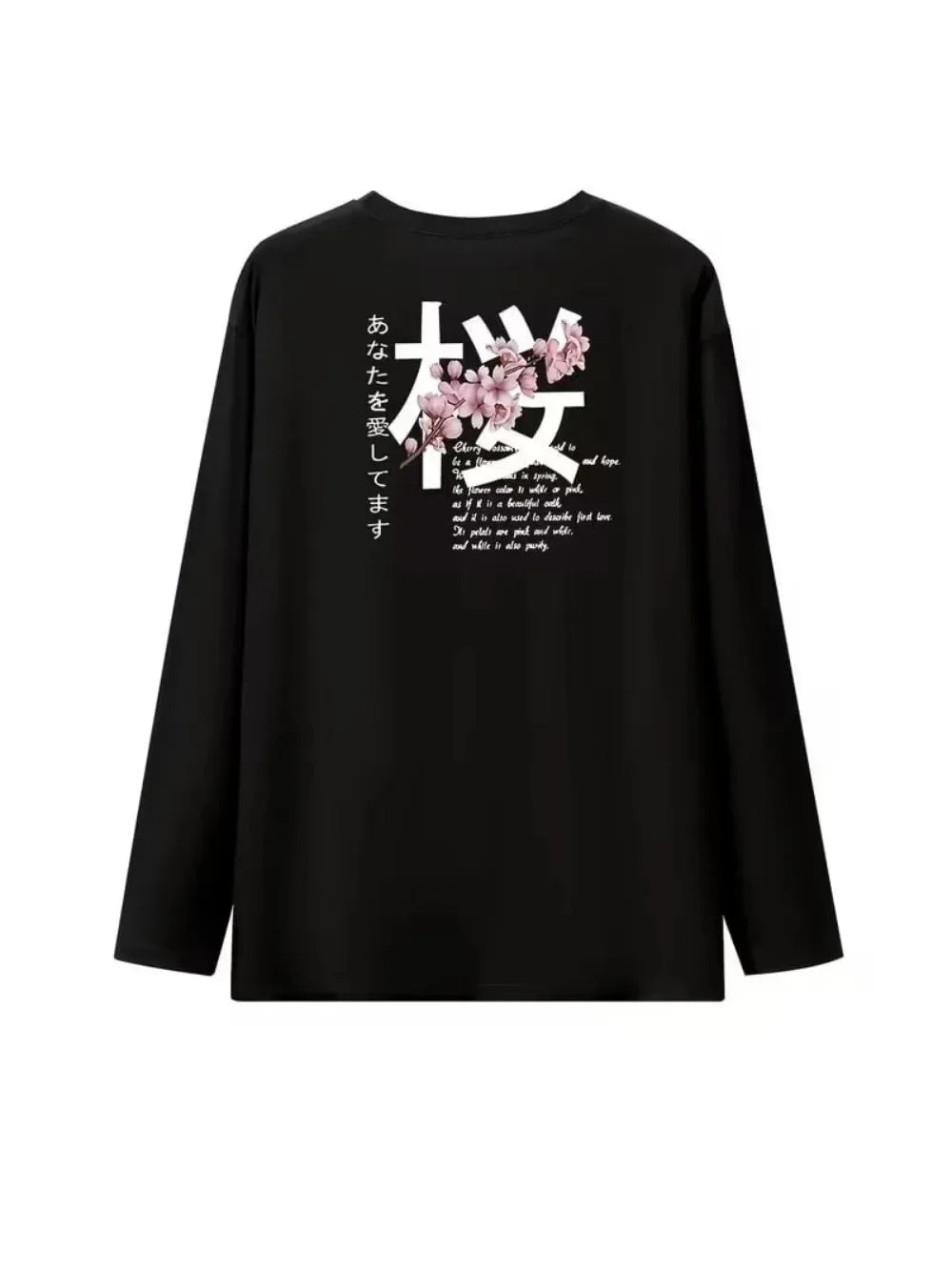 Y2k Top Black Long Sleeved T Shirt Cherry Word Blossom Print Artistic Graphic Pullover Men Women Casual Street Loose and Tops