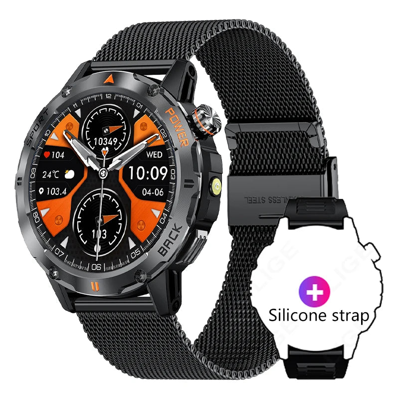 Tactical Outdoor Smart Watch with Flashlight Bluetooth Call Fitness Tracker for Android and iOS