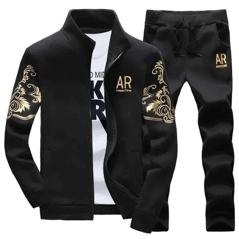 Mens Sports Suit Fleece Warm Jacket and Drawstring Pants Set Printed Fashion Tracksuit for Men