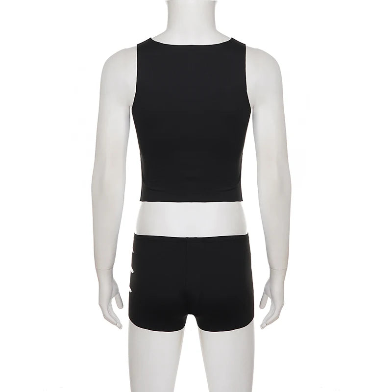 Womens Sexy Two Piece Shorts Set Hollow Out Crop Top and Low Waist Shorts Slim Fit Clubwear Outfit