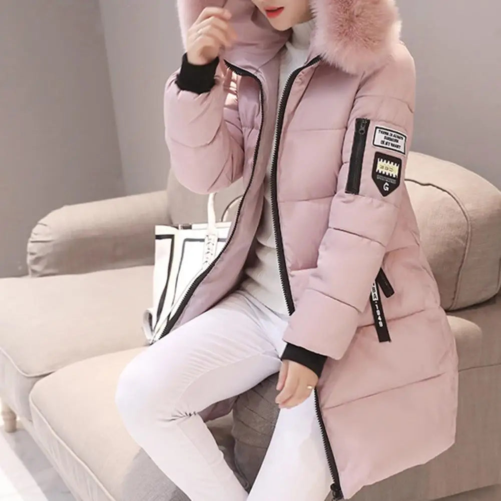 Womens Winter Parka Long Coat Hooded Down Cotton Jacket with Fur Collar Warm Fashion Outerwear