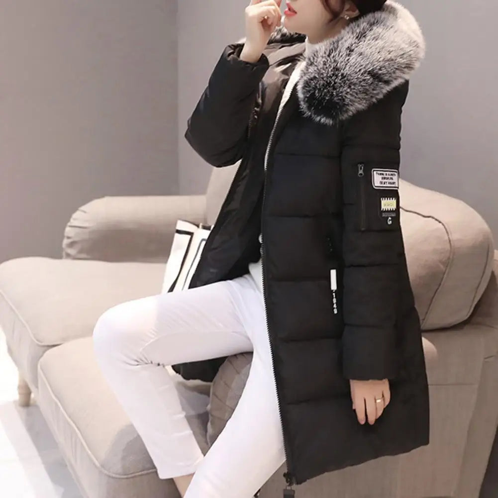 Womens Winter Parka Long Coat Hooded Down Cotton Jacket with Fur Collar Warm Fashion Outerwear