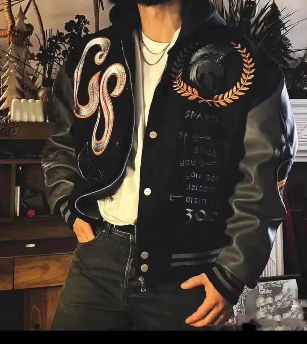 Varsity Jacket for Men PU Leather Sleeves Embroidered Baseball Jacket Streetwear College Style Outerwear