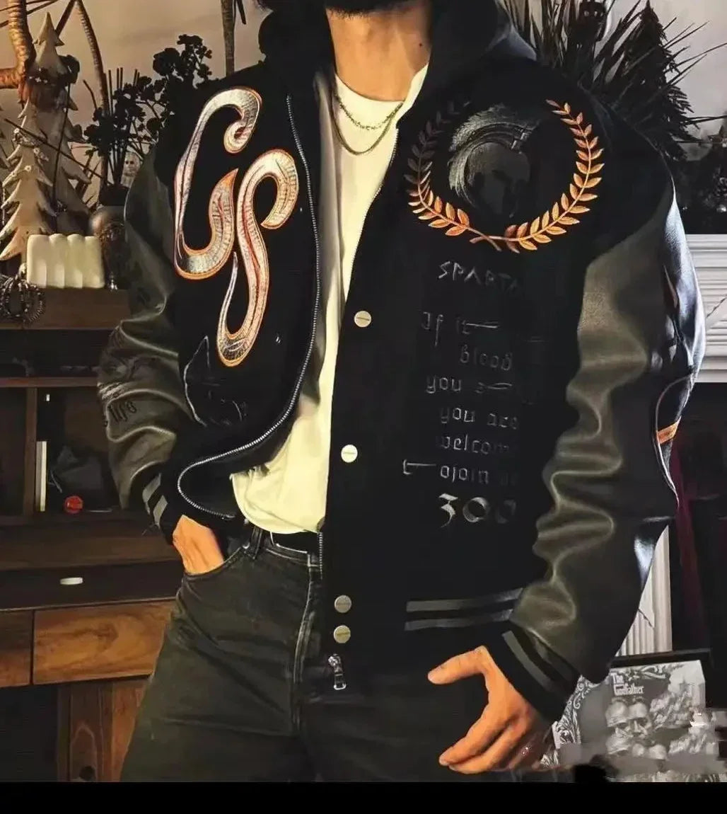 Varsity Jacket for Men PU Leather Sleeves Embroidered Baseball Jacket Streetwear College Style Outerwear