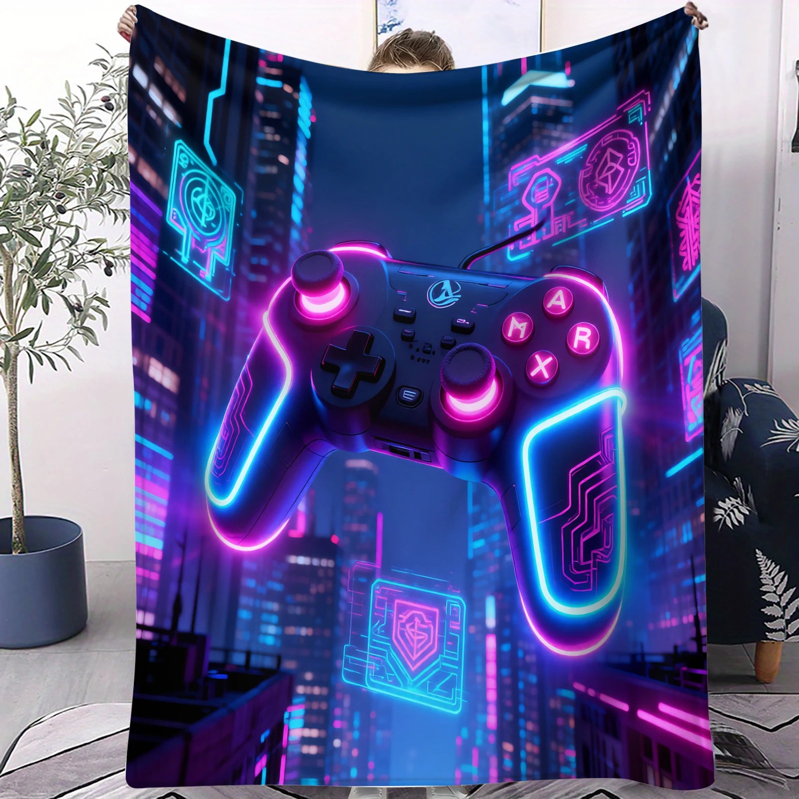 Cyberpunk Themed Gaming Controller Print Flannel Blanket for Adult Quality Soft Warm Universal Blanket for Travel Picnic Home