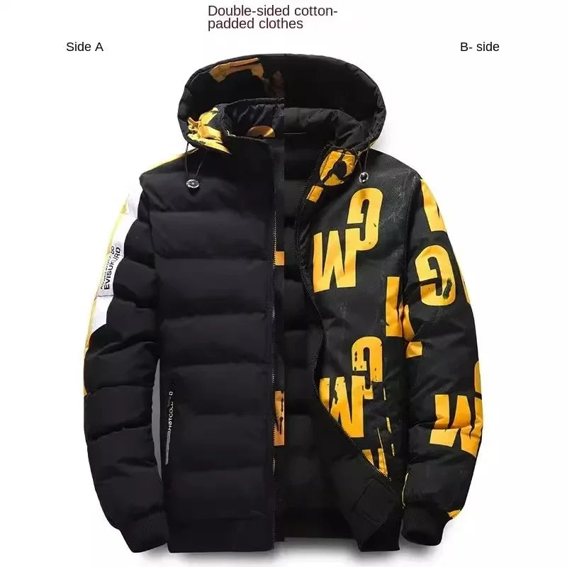 𝔐𝔢𝔫 Autumn Winter Cotton Jacket – Base in UR Face Warm Thickened Double-Sided Down Coat with Removable Cap