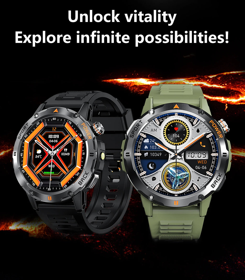 Tactical Outdoor Smart Watch with Flashlight Bluetooth Call Fitness Tracker for Android and iOS