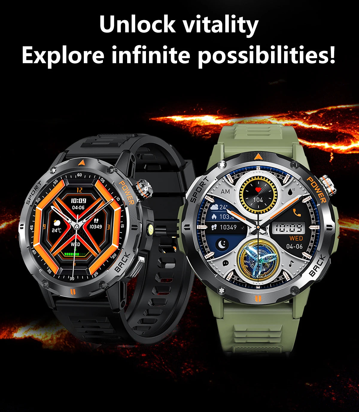 Tactical Outdoor Smart Watch with Flashlight Bluetooth Call Fitness Tracker for Android and iOS