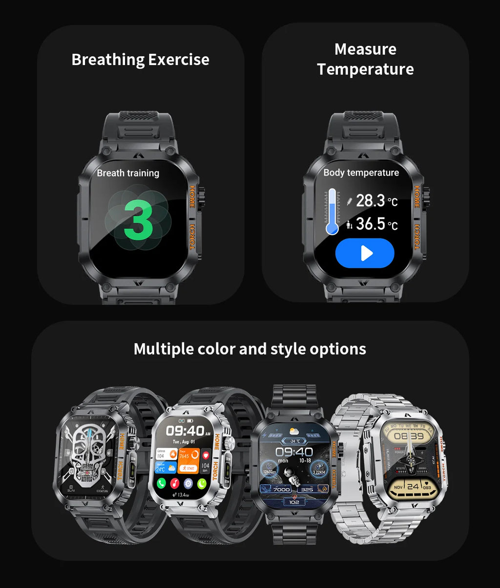 Rugged And Durable Military Smart Watch Ip68 Waterproof 2.02 ''HD Display Bluetooth Voice Smart Watch With Flashlight 2024 New