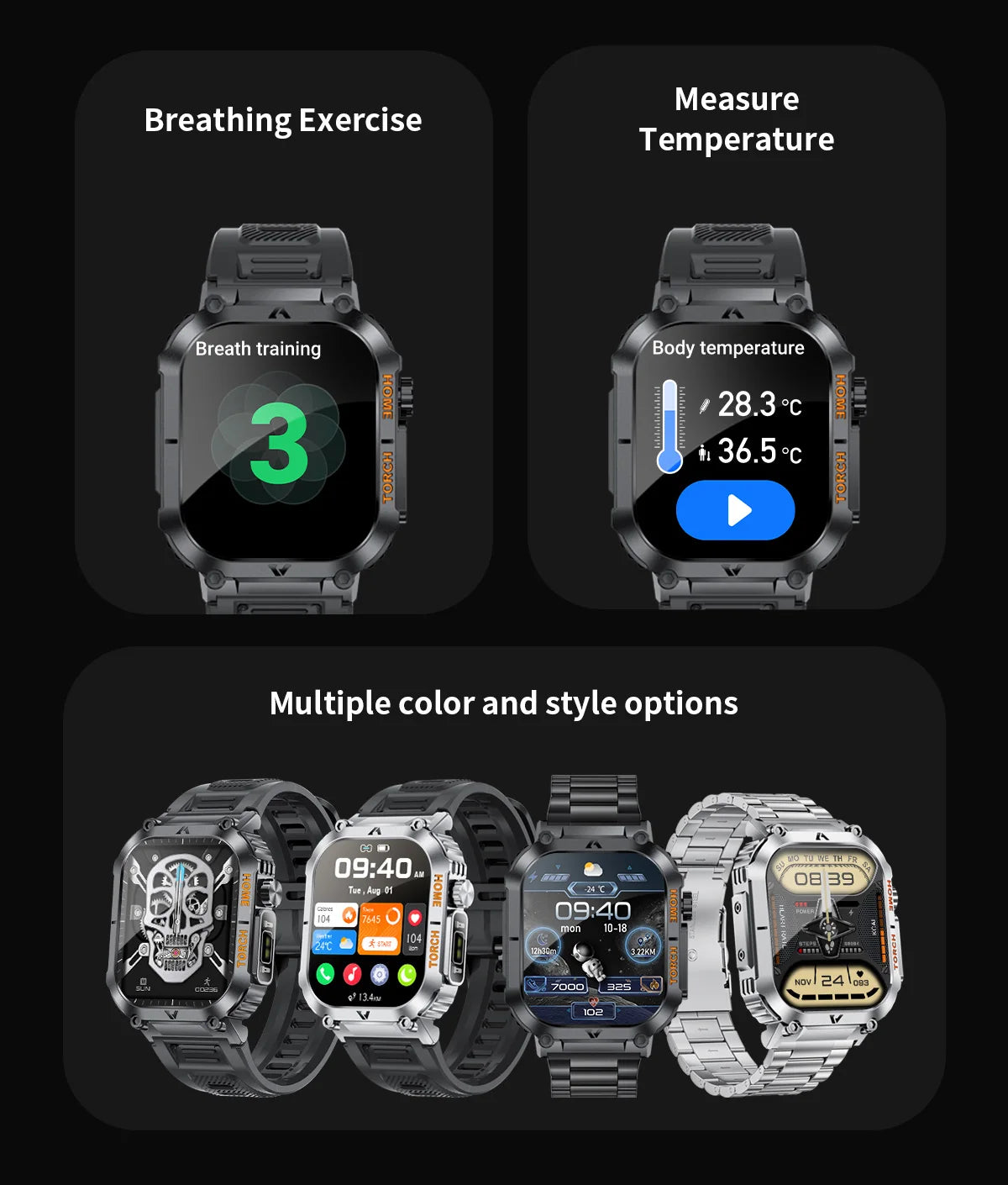 Rugged And Durable Military Smart Watch Ip68 Waterproof 2.02 ''HD Display Bluetooth Voice Smart Watch With Flashlight 2024 New