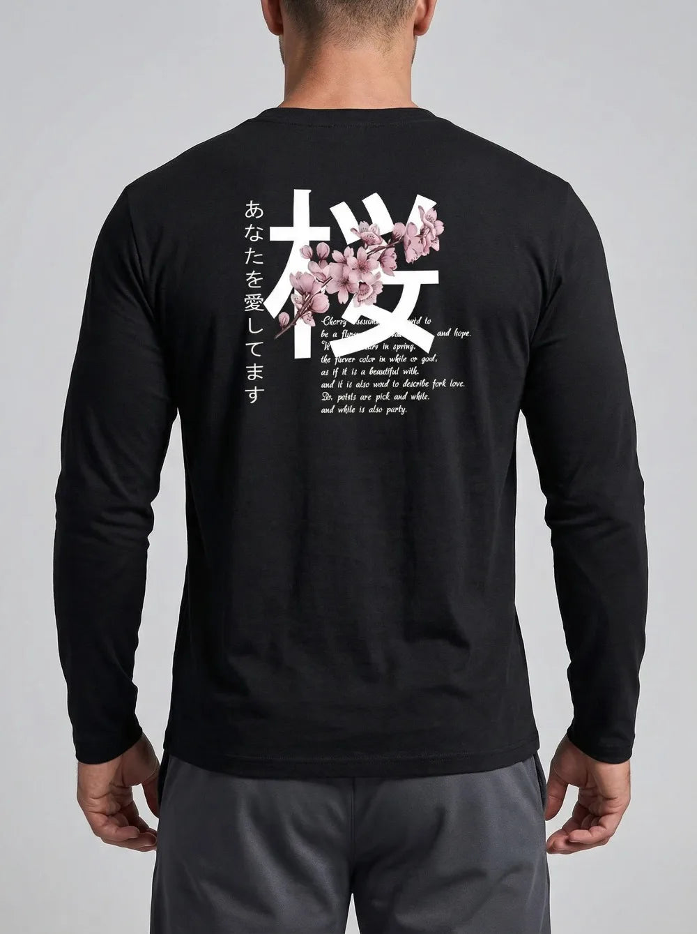 Y2k Top Black Long Sleeved T Shirt Cherry Word Blossom Print Artistic Graphic Pullover Men Women Casual Street Loose and Tops