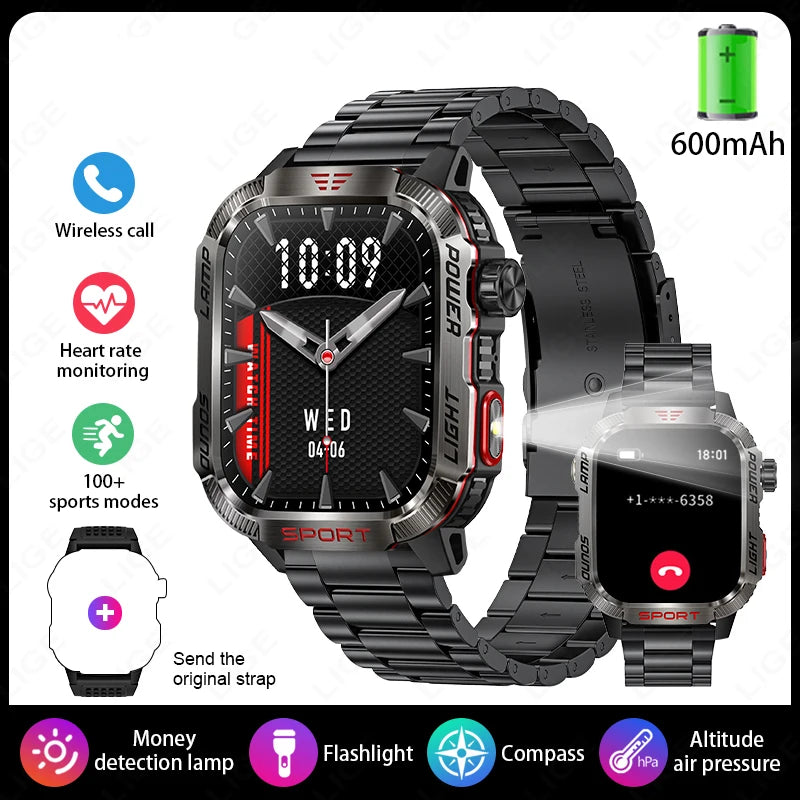 Military Outdoor Smart Watch for Men 600 mAh Battery Bluetooth Calling Fitness Tracker Blood Oxygen Monitor Waterproof Smartwatch for Android and iOS