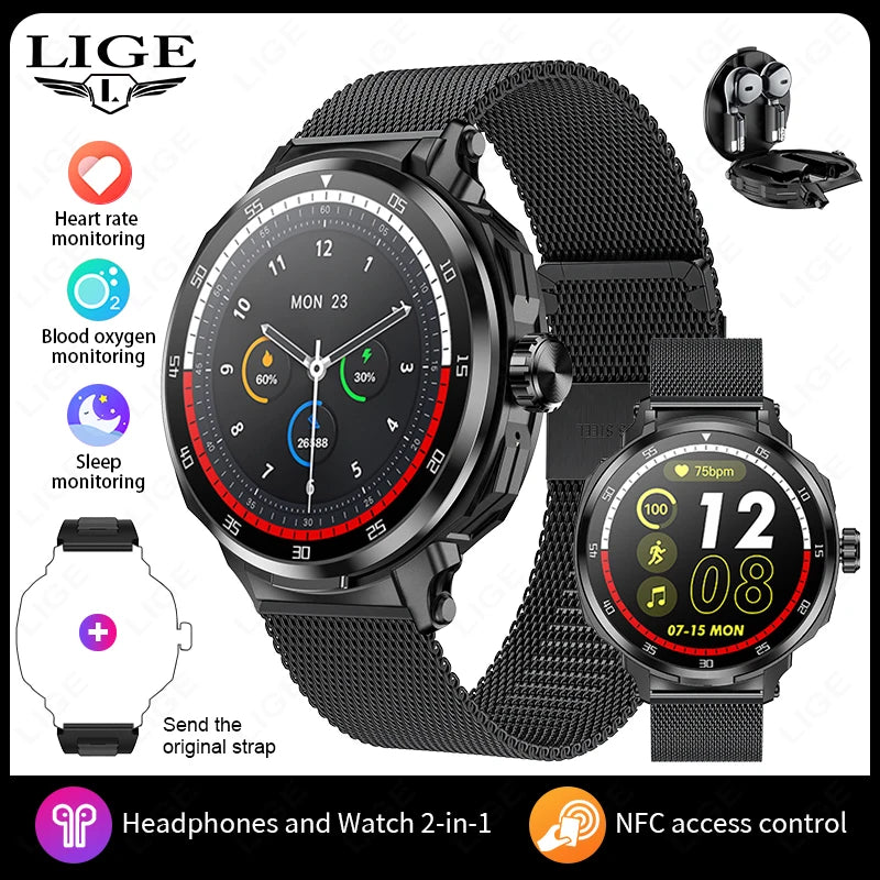 2 in 1 Smart Watch with Wireless Earbuds Bluetooth Calling NFC Health Monitor Fitness Tracker Smartwatch for Android and iOS
