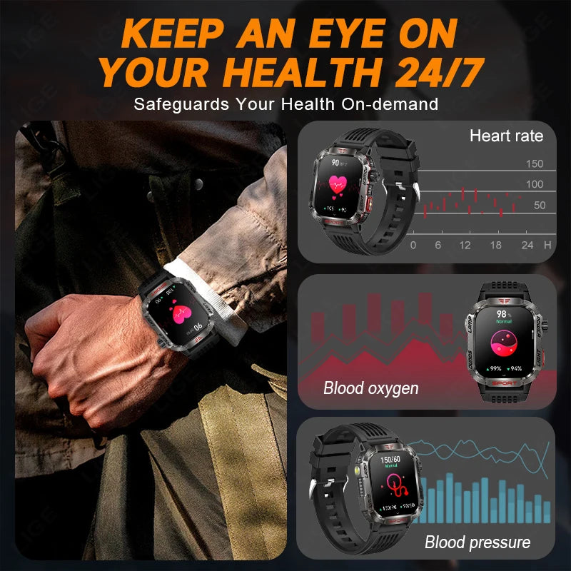 Military Outdoor Smart Watch for Men 600 mAh Battery Bluetooth Calling Fitness Tracker Blood Oxygen Monitor Waterproof Smartwatch for Android and iOS