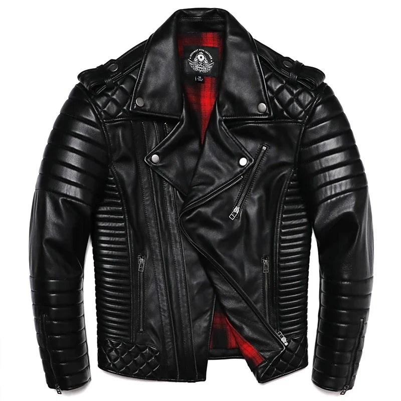 𝔑𝔢𝔴 Sheepskin Genuine Leather Jacket – Street Soldier Oblique Zipper Slim Motorcycle Coat