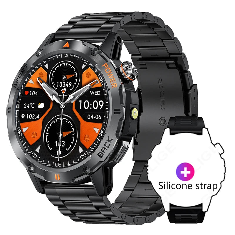 Tactical Outdoor Smart Watch with Flashlight Bluetooth Call Fitness Tracker for Android and iOS