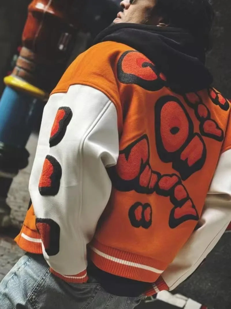 Varsity Jacket for Men PU Leather Sleeves Embroidered Baseball Jacket Streetwear College Style Outerwear