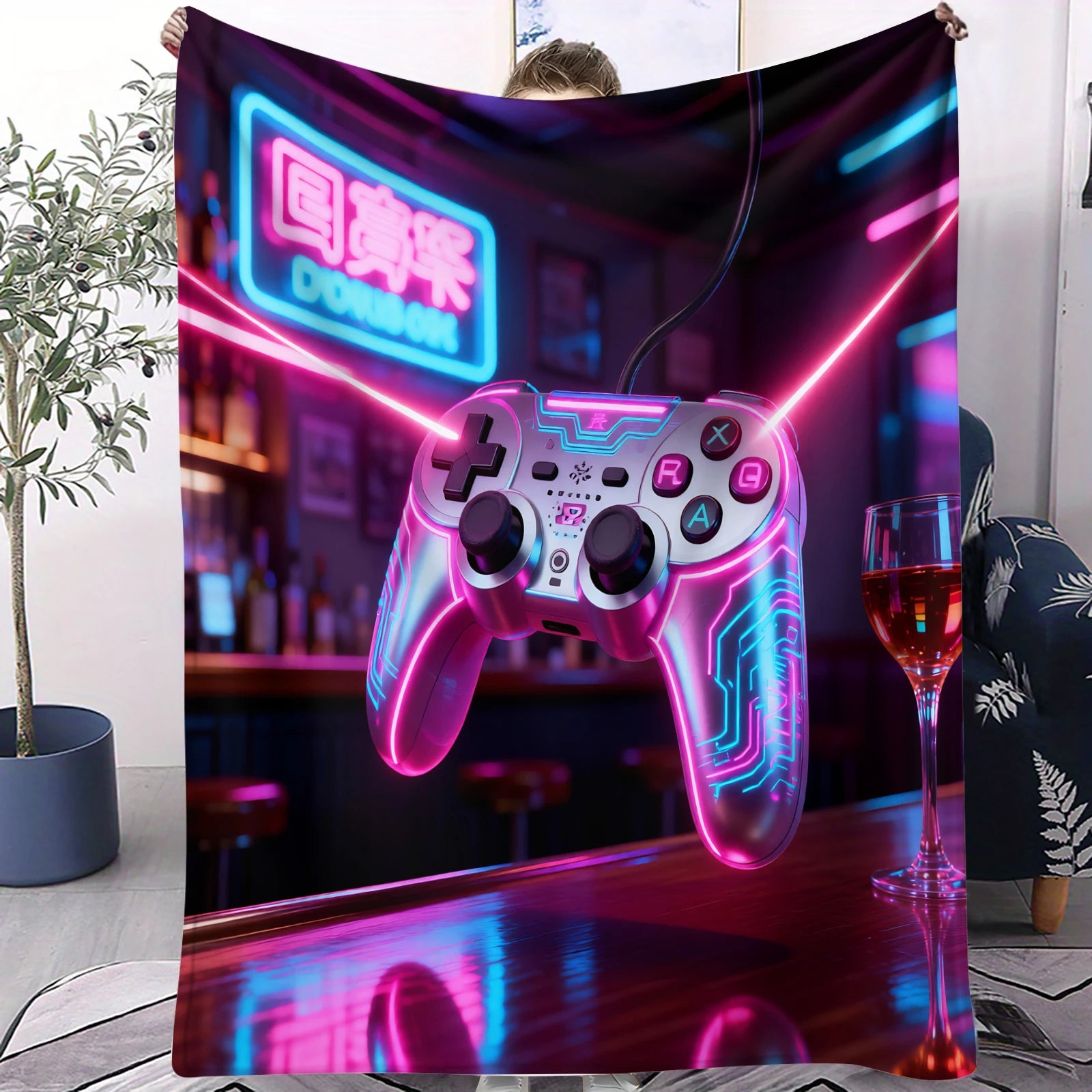 Cyberpunk Themed Gaming Controller Print Flannel Blanket for Adult Quality Soft Warm Universal Blanket for Travel Picnic Home