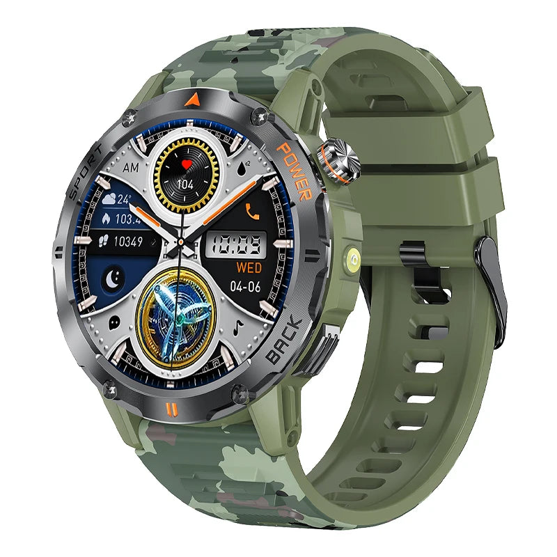 Tactical Outdoor Smart Watch with Flashlight Bluetooth Call Fitness Tracker for Android and iOS